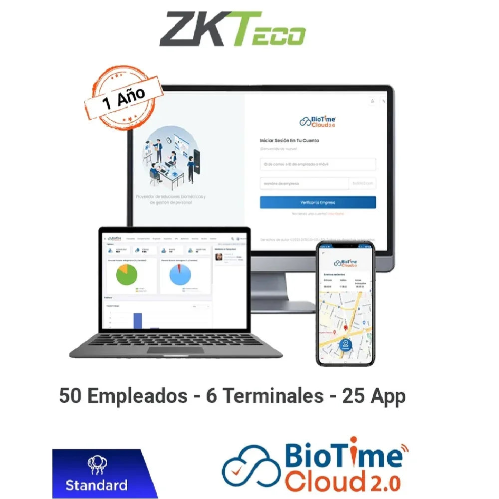 ZKTECO BIOTIMECLOUD 2.0 STANDARD Licencia de Asistencia en Nube 50 Usuarios ZKT0820132