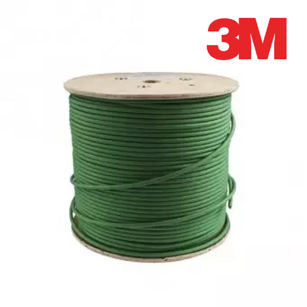 Bobina de cableado estructurado verde, fondo blanco, logotipo 3M visible