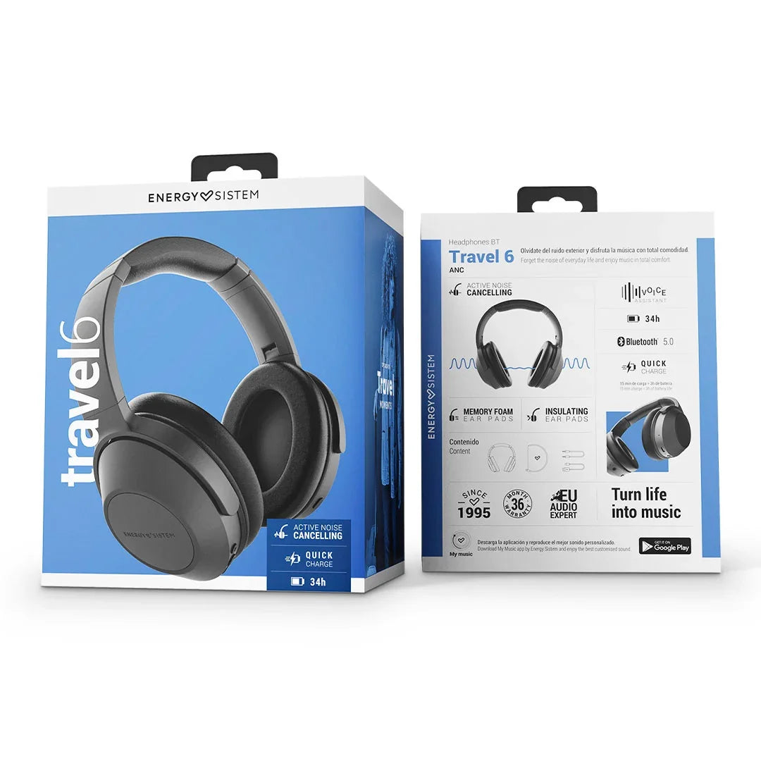 ENERGY SISTEM TRAVEL 6 ANC BLACK (453078) Auriculares Bluetooth, Almohadillas extracómoda, aislamiento mejorado, 34 horas de autonomía