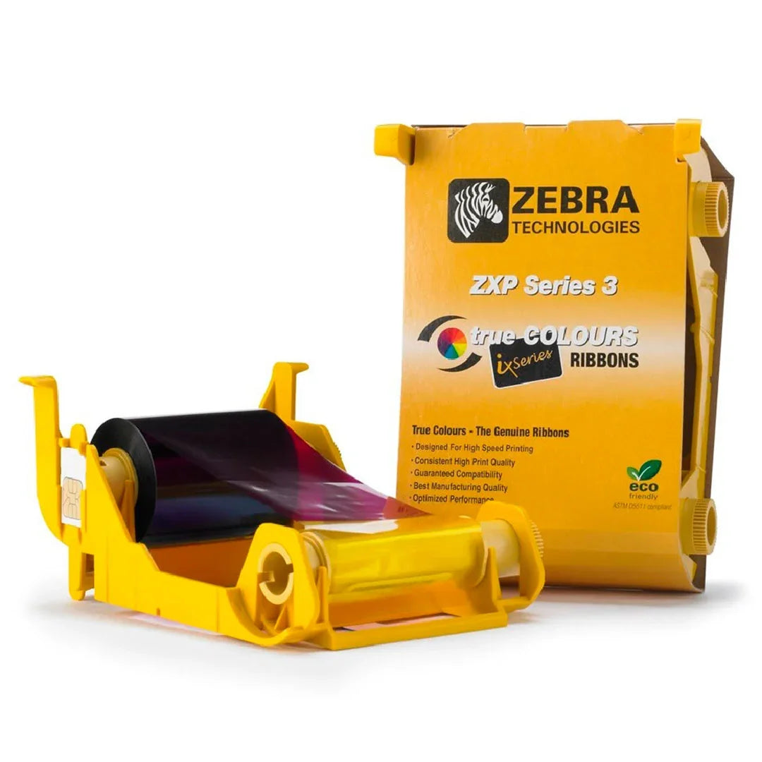 Cinta de impresión Zebra ZXP Series 3 para impresoras de tarjetas, cartucho amarillo y caja.