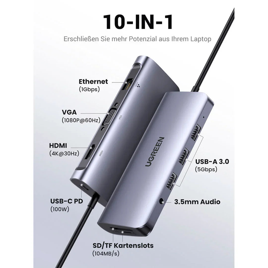 UGREEN CM179 80133 Adaptador HUB USB-C 10 en 1 con HDMI 4K y VGA