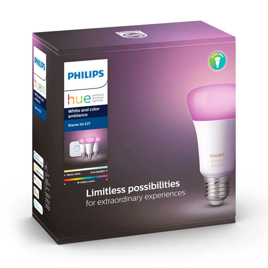 PHILIPS HUE Kit 3 Focos Bombilla Smart RGB A60 E27 9W Inc Controlador Bridge 929002261501