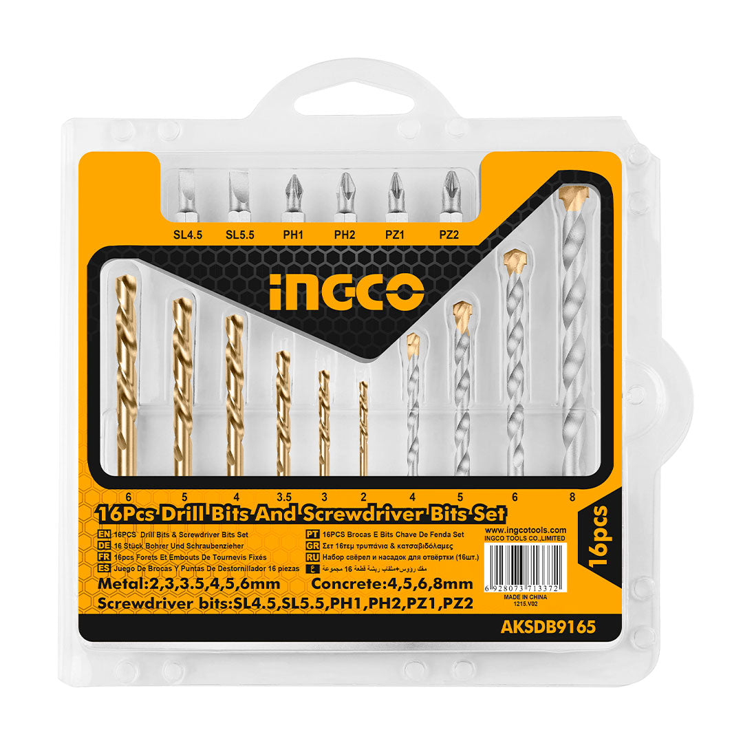 INGCO AKSDB9165 Set de Brocas para concreto y metal 16 piezas + 6 puntas