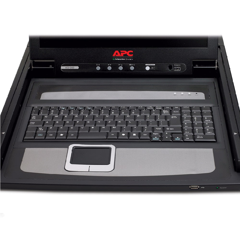 Consola KVM rack con teclado, panel táctil y pantalla integrada para administración de servidores.