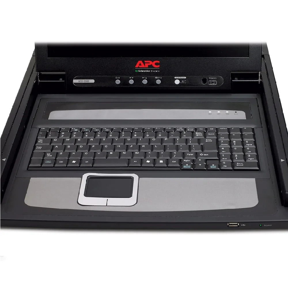 Consola KVM rack con teclado, panel táctil y pantalla integrada para administración de servidores.