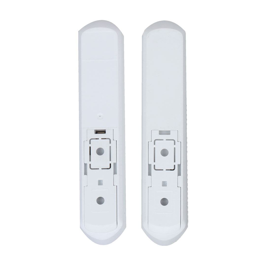 Sensor magnético blanco para alarma de seguridad, montaje en puerta o ventana, vista frontal.