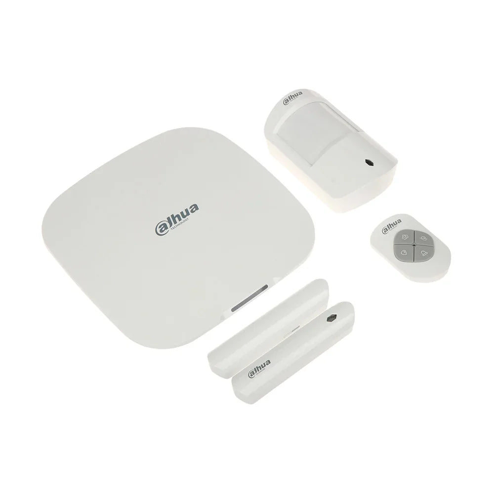Kit de alarma Dahua inalámbrico con sensor de movimiento, control remoto y contactos magnéticos para seguridad electrónica.
