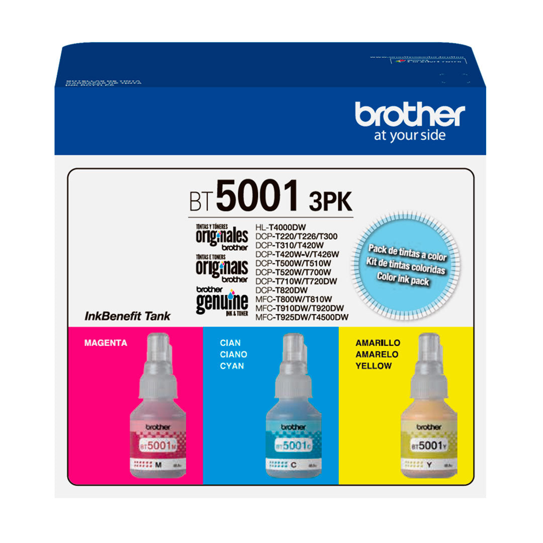 BROTHER BT5001 3PK Kit de 3 botellas de Tintas Cian, Magenta, Amarillo 48.8ml