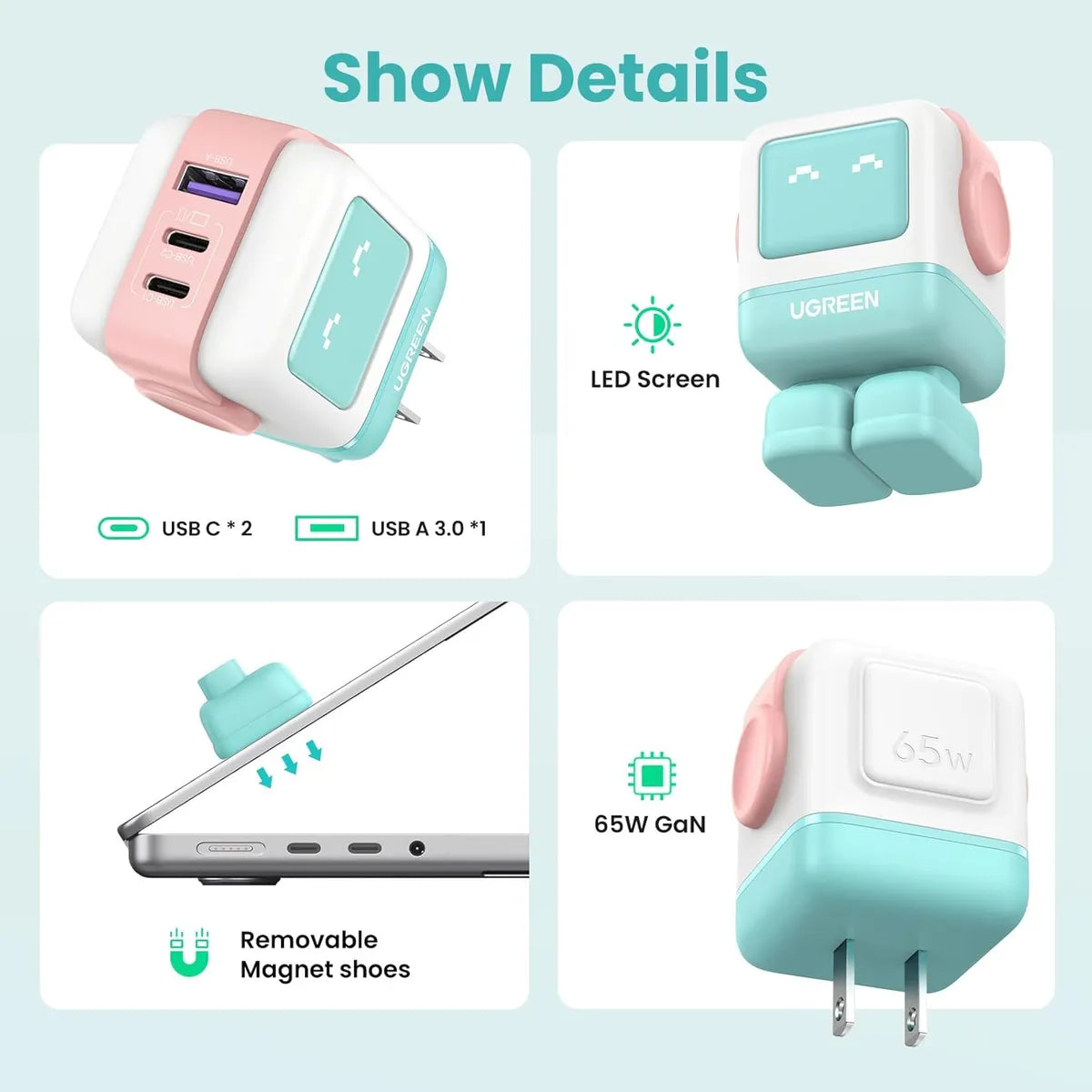 UGREEN CD361 35856 Cargador UNO USB C Robot Nexode GaN 65W Carga Rápida