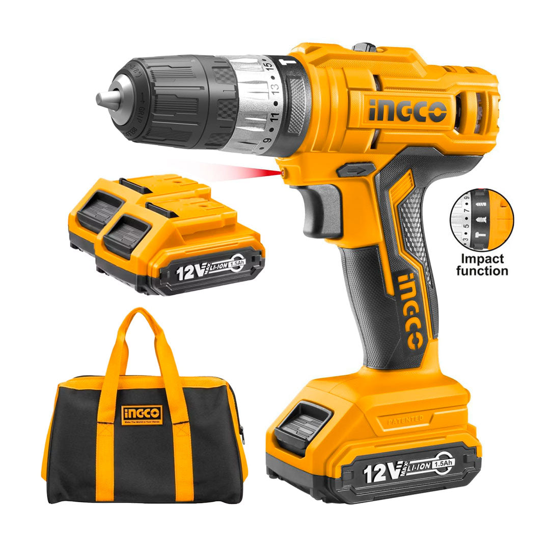 INGCO CIDLI1222 Taladro atornillados inalámbrico 12v + accesorios + 2 baterías + 1 cargador