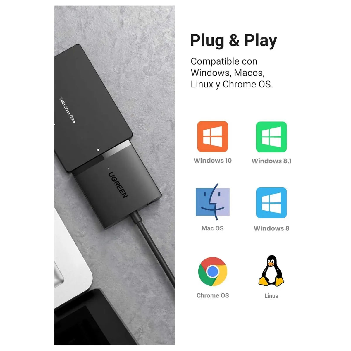 UGREEN CM257 60561 Adaptador de Disco Duro Sata SSD HDD 12TB a USB 3.0