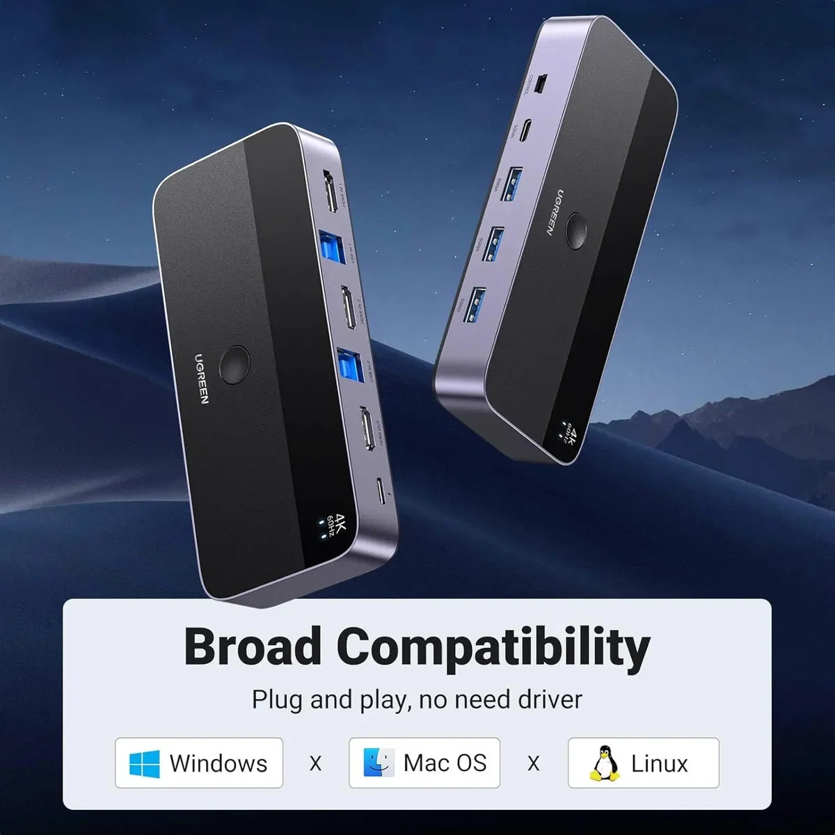 UGREEN CM664 15707 Conmutador KVM 2x HDMI USB C 3.0 4 puertos USB 4K@60Hz