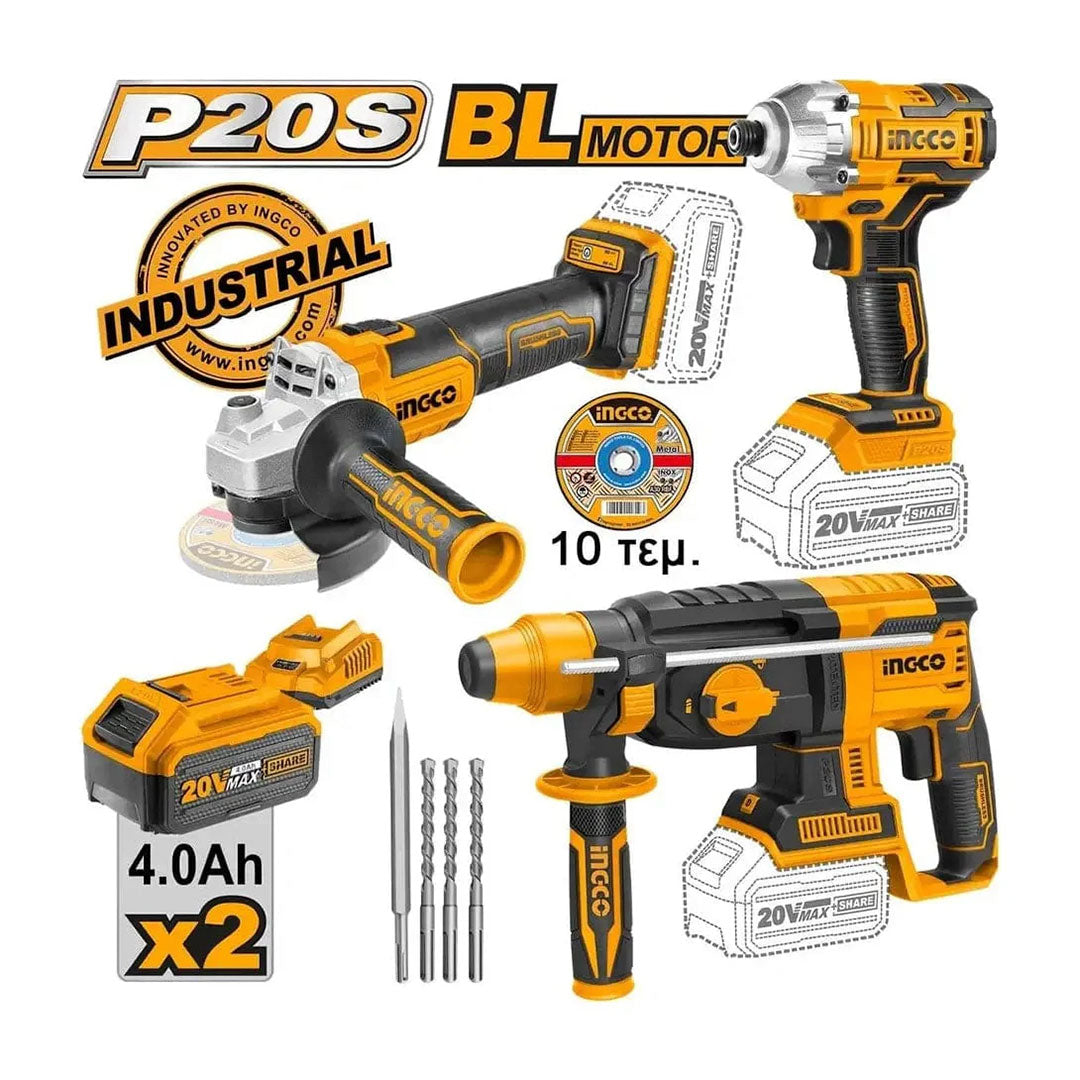 INGCO COSLI230521 Kit de 3 piezas de taladros y amoladora 20v CRHLI202287 + CAGLI201158 + CIRLI2017