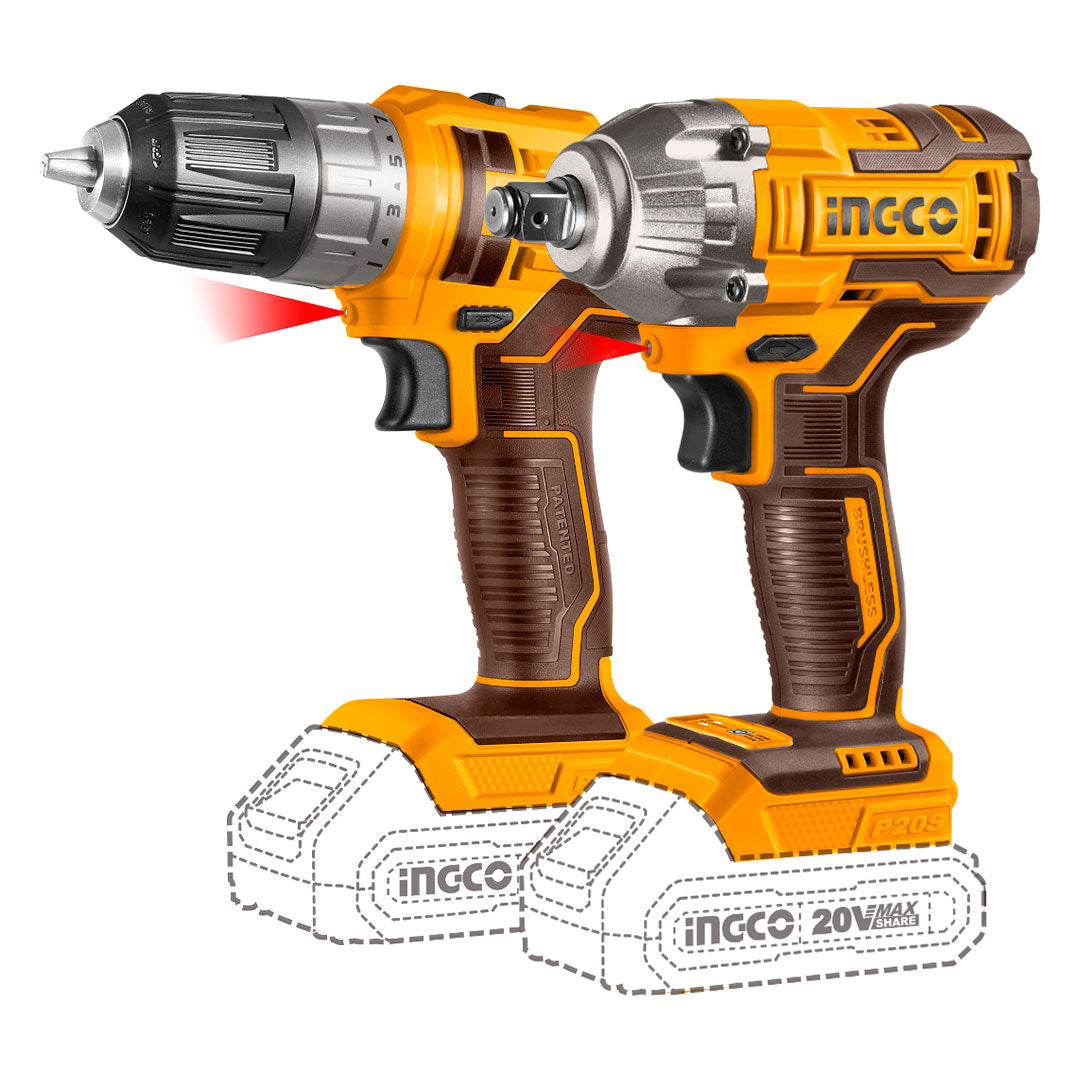 INGCO COSLI230702 Kit de taladros CDLI200528 + CIWLI2038 + 2 baterías 2.0ah + cargador