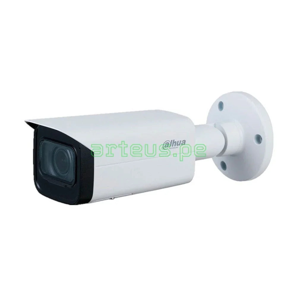 Cámara de seguridad Dahua tipo bullet para videovigilancia, montada en pared, color blanca.