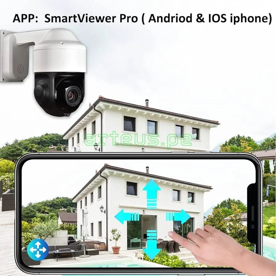 Cámara de seguridad domo vigilando casa moderna, controlada desde app móvil SmartViewer Pro.