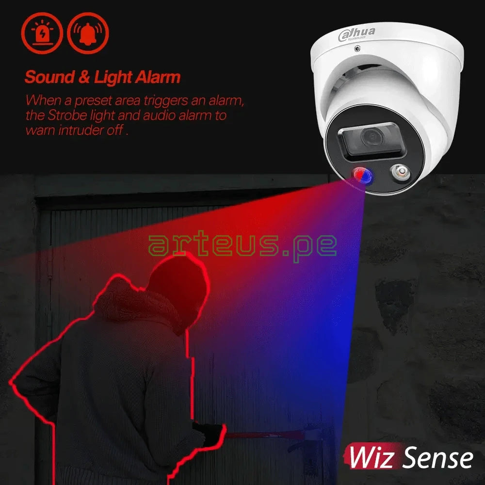 DAHUA DH-IPC-HFW3449T1-AS-PV TIOC Cámara de Seguridad IP POE 2K 4MP 2.8mm WDR, IP67. LED 40m. Micrófono y Parlante. WIZSENSE FULLCOLOR