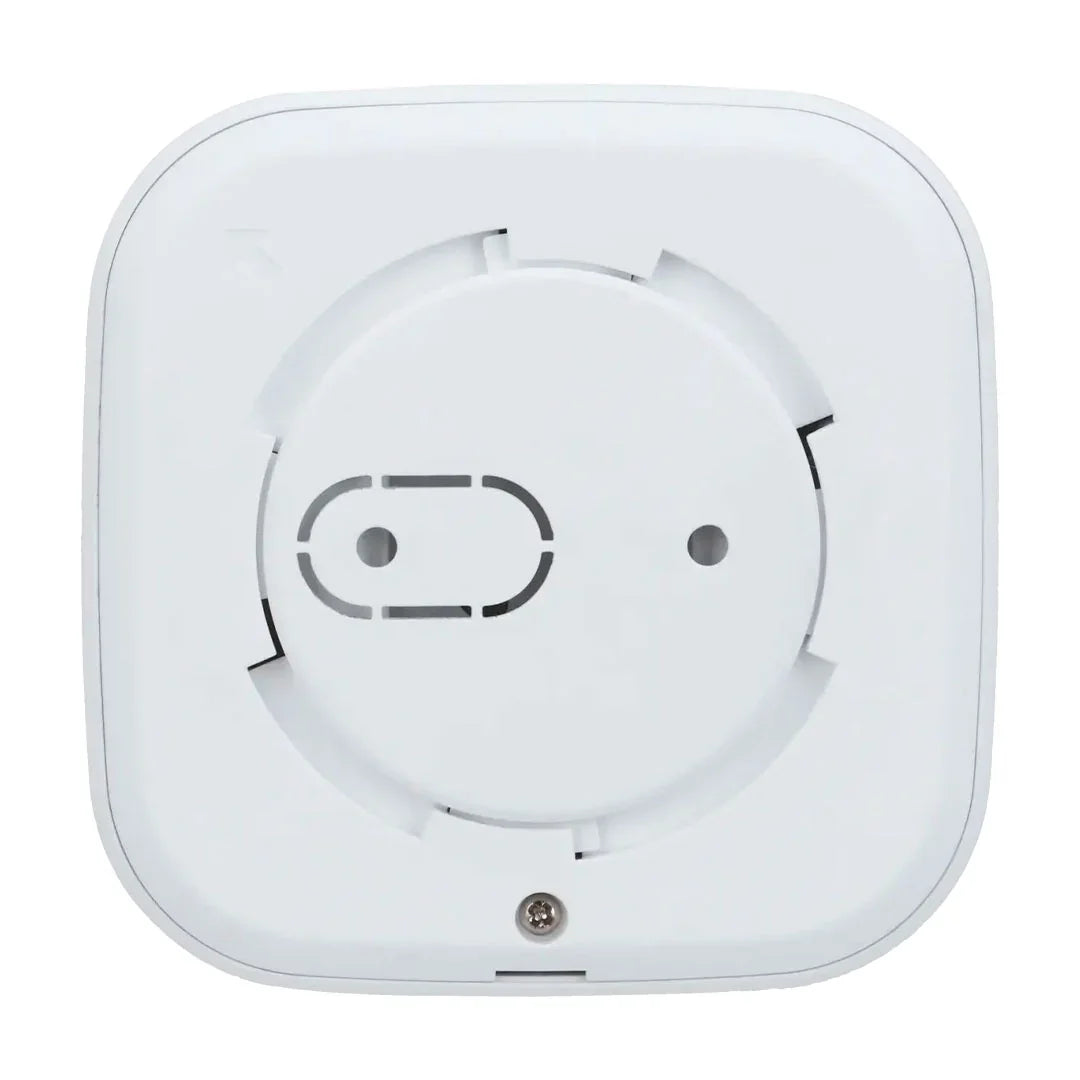 Vista trasera de detector de humo blanco para sistema de alarma y seguridad electrónica