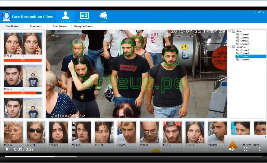 Software de reconocimiento facial detectando rostros en una estación de metro, solución de seguridad electrónica.