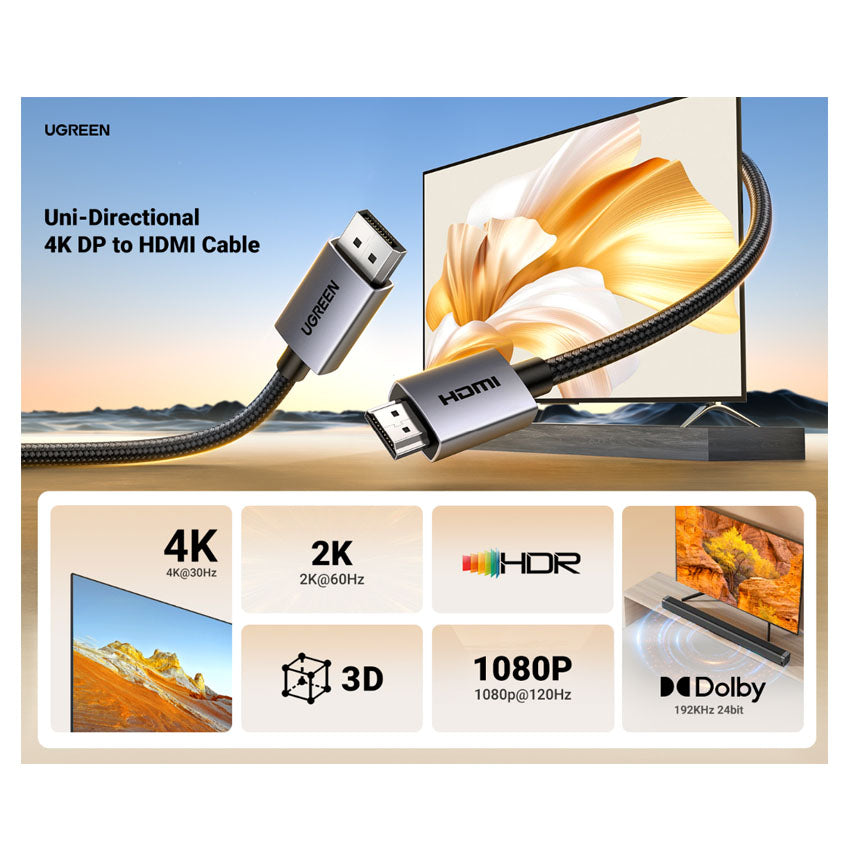 UGREEN DP124 35842 Cable Displayport a HDMI 4K, 1080P@120Hz 2m