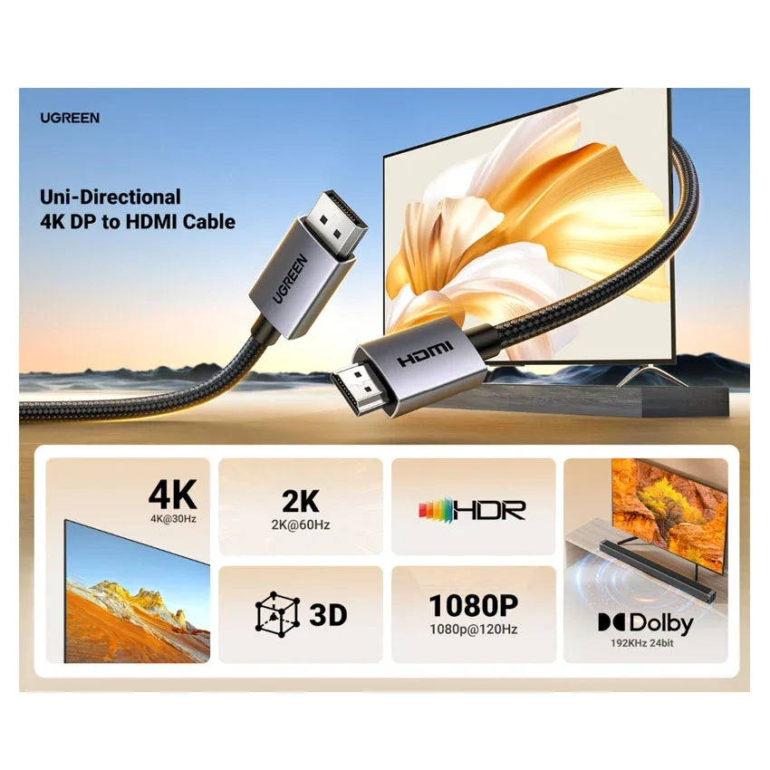 UGREEN DP124 35842 Cable Displayport a HDMI 4K, 1080P@120Hz 2m