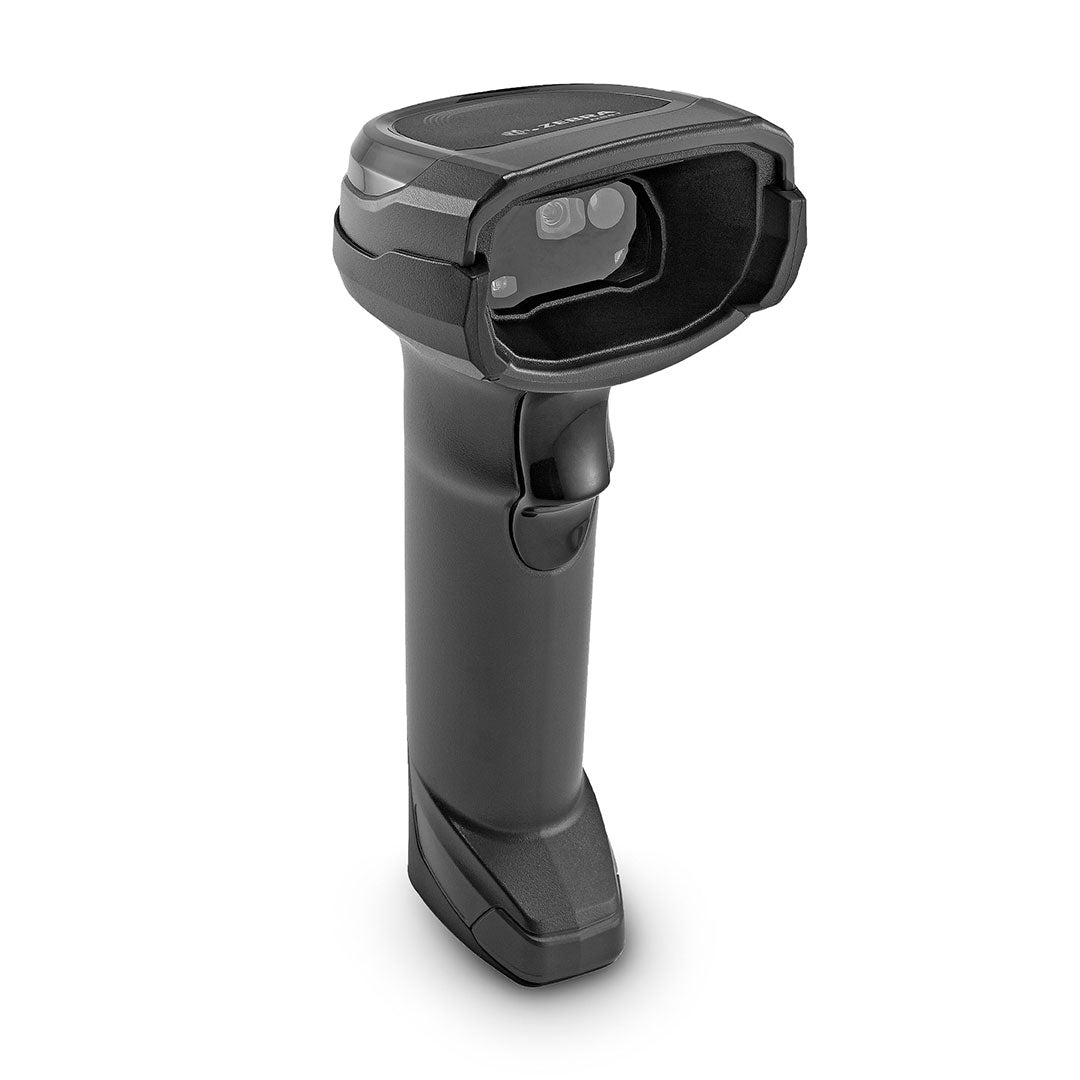 Lector de códigos de barras inalámbrico negro, ideal para soluciones de redes y seguridad.