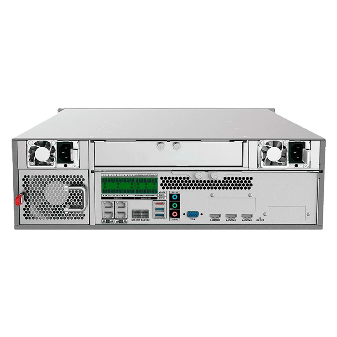 Gabinete metálico NVR de videovigilancia profesional, puertos HDMI, USB y ventiladores traseros.