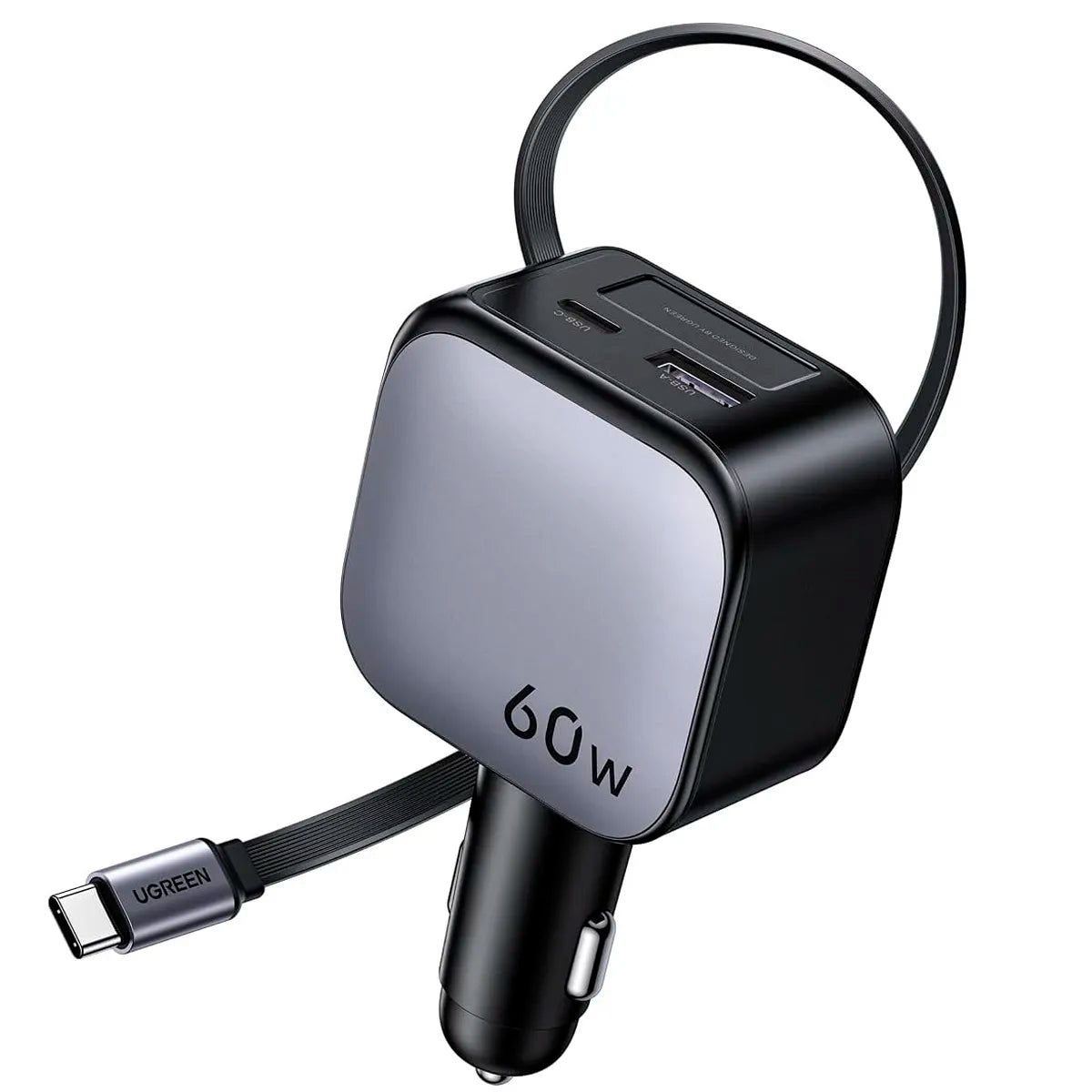 UGREEN EC602 55212B Cargador de Auto Nexode 60W con Cable Retractil