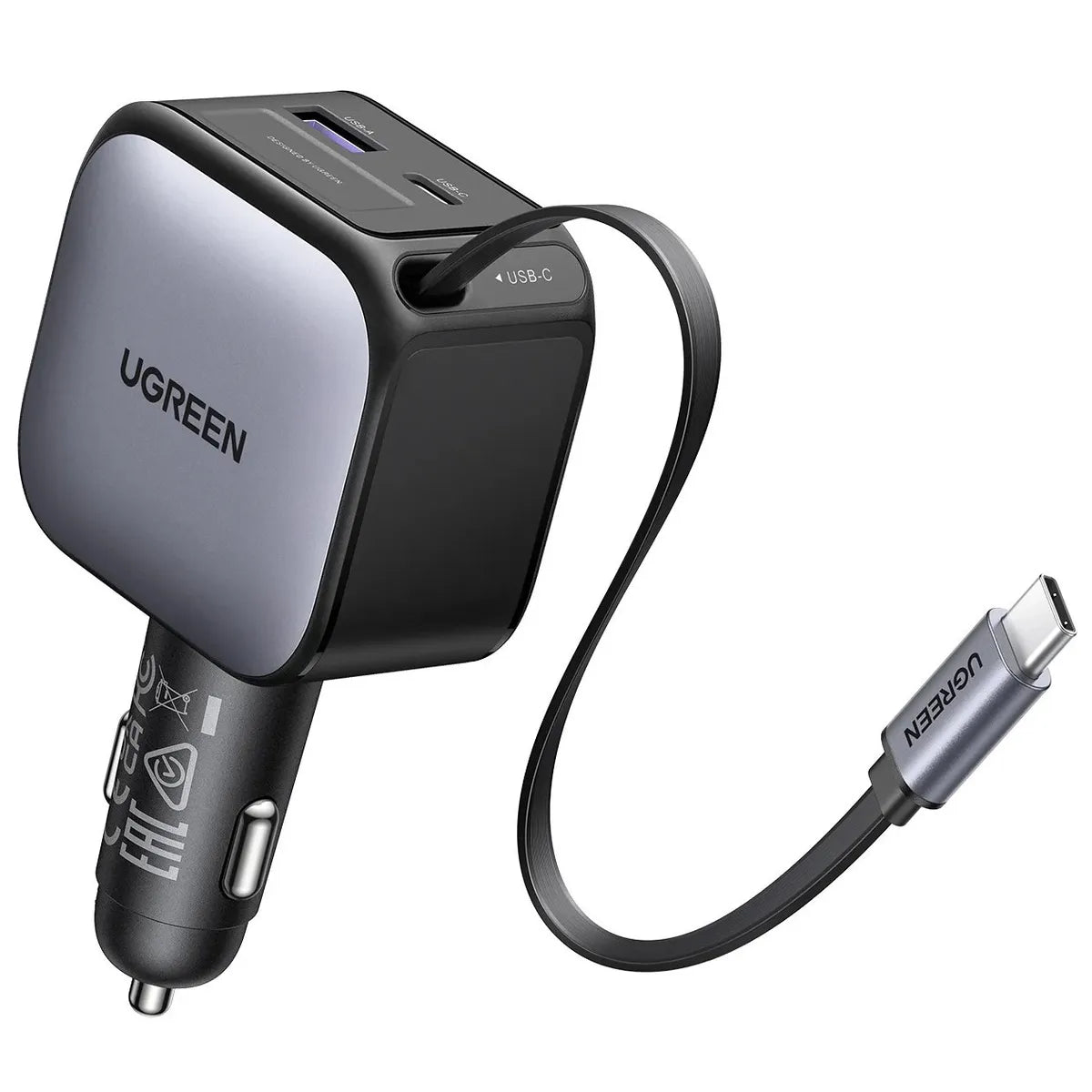 UGREEN EC603 55909B Cargador de Auto con Cable Retráctil 90W