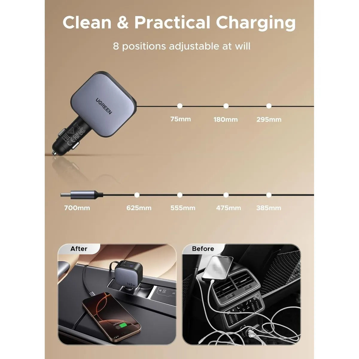 UGREEN EC604 55910B Cargador de Auto con Cable Retráctil 145W