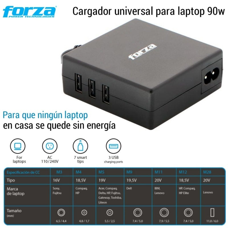 FORZA FNA-790 Cargador Adaptador Universal para Laptop 90W 3USB