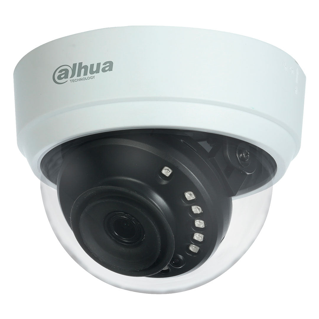 Cámara de seguridad tipo domo blanca con lente y LEDs para videovigilancia en interiores