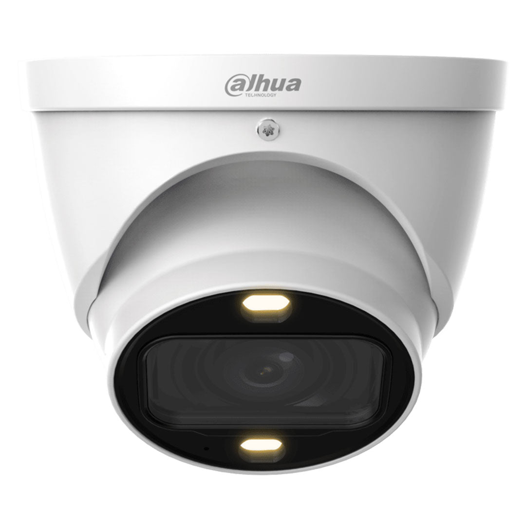Cámara de seguridad tipo domo blanca con lente grande y focos LED, videovigilancia exterior