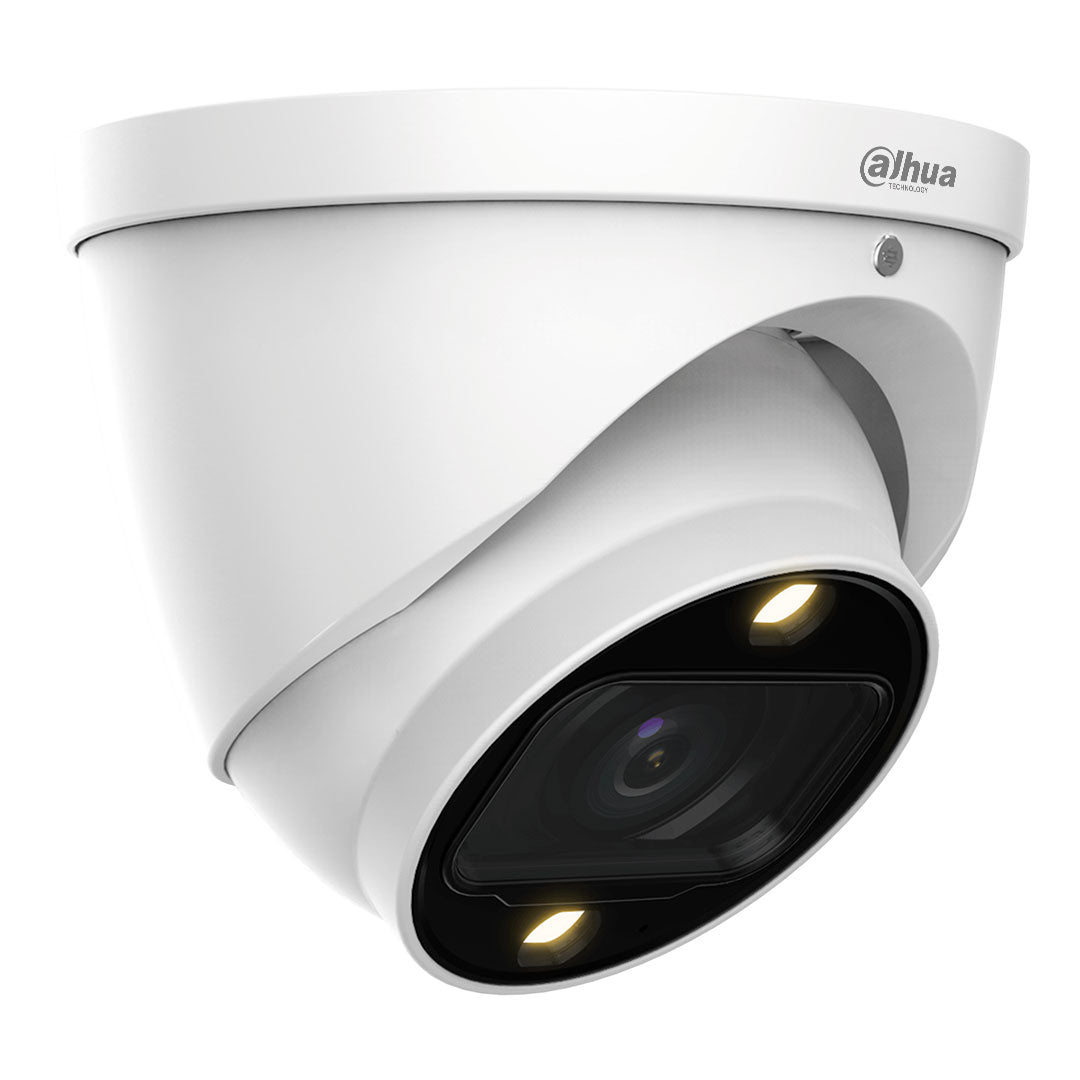Cámara de videovigilancia domo blanca Dahua con lente y luces LED, seguridad electrónica
