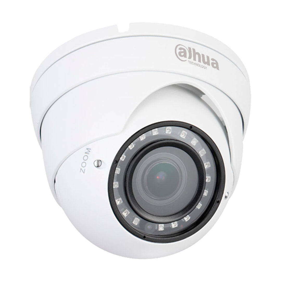 Cámara de seguridad tipo domo blanca con lente de zoom y visión nocturna infrarroja