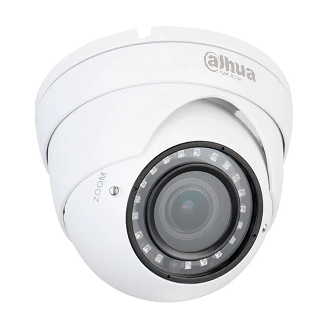 Cámara de seguridad tipo domo blanca con lente de zoom y visión nocturna infrarroja