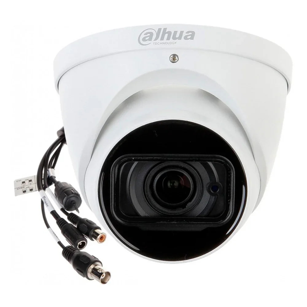 Cámara de videovigilancia domo Dahua blanca con cables de conexión, seguridad electrónica