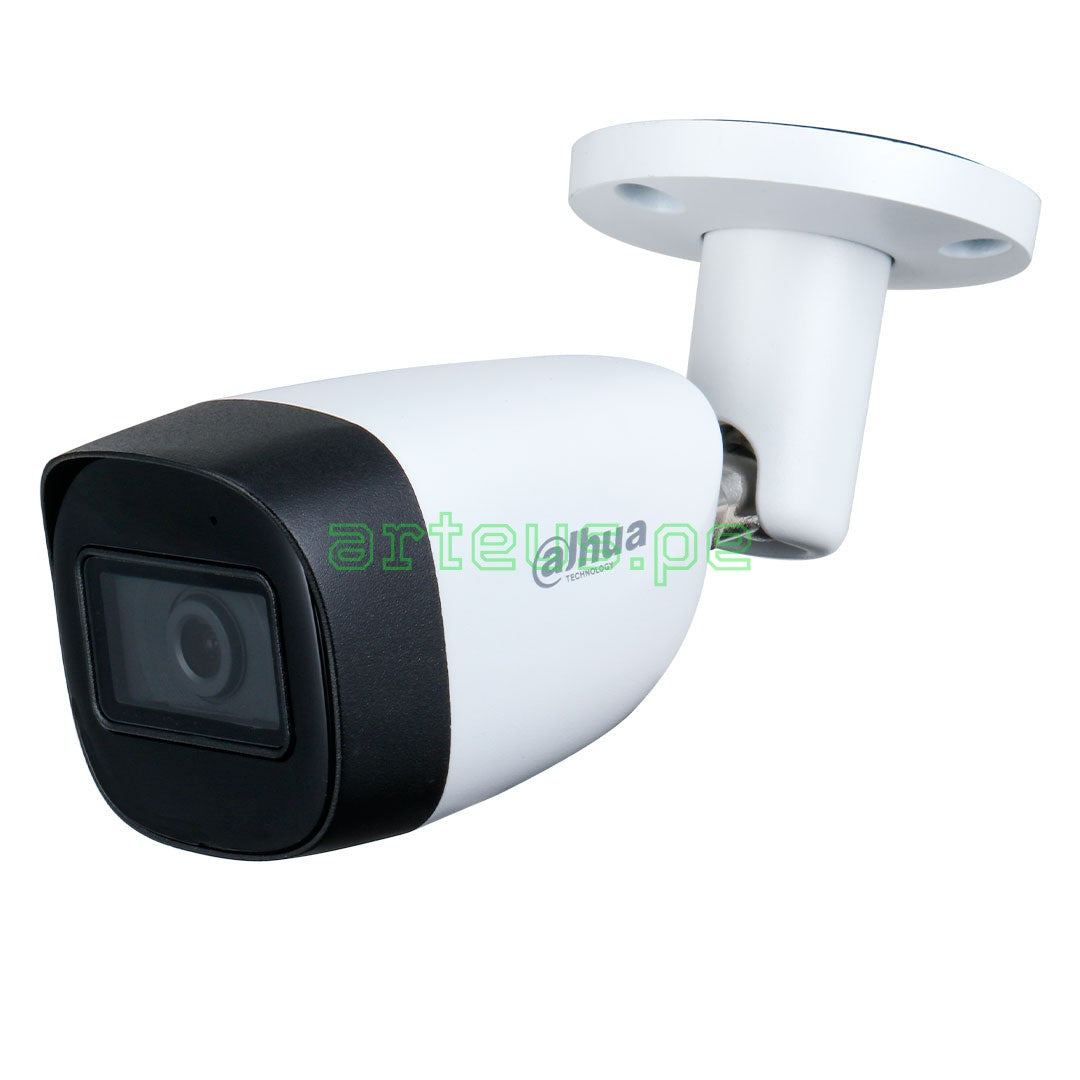 Cámara de seguridad tipo bala Dahua para videovigilancia, carcasa blanca y negra.