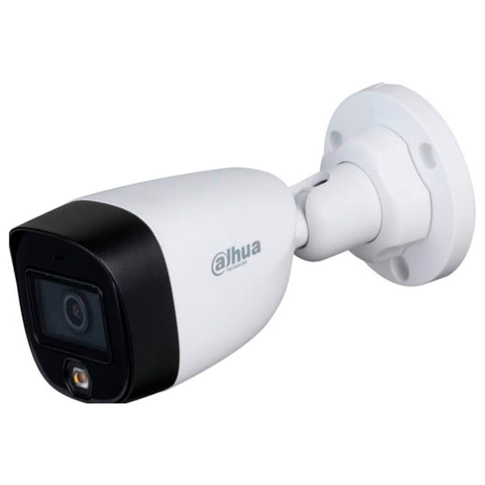 Cámara de seguridad Dahua tipo bala blanca con lente y luz LED para videovigilancia.
