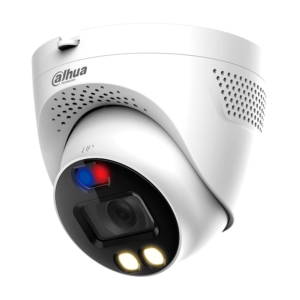DAHUA HAC-ME1239TQN-A-PV TIOC Cámara de seguridad analógica 2MP domo, 2.8mm IR LED 40m, luz dual y sirena, Super Adapt