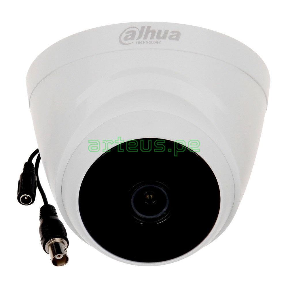Cámara de seguridad tipo domo blanca Dahua con cables de conexión, para videovigilancia.