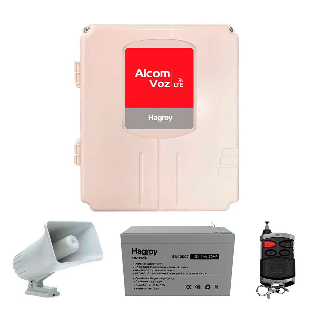 HAGROY KIT-HG-ALCV-4G220 Kit Alarma Alcom Voz: Panel Alcom, Batería, Bocina y Pulsador