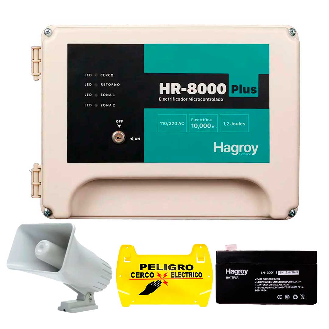 HAGROY KIT-HR8PL220VAC Kit de Cerco: HR8000 PLUS, Batería 4A, Sirena 30W y Letrero