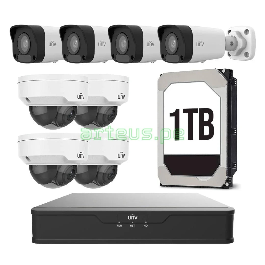 UNIVIEW KITIP-7 Kit cámara de seguridad IP 2MP: NVR 8ch+4Ext+4Int+1TB