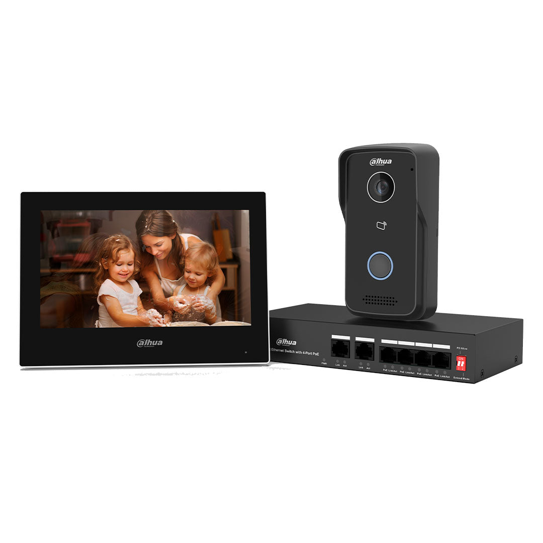 DAHUA KTP03 Kit Video Portero Hogar IP VTO2111D-P-S2 VTH2621G-P PFS3005-4ET-36E, presentación en caja