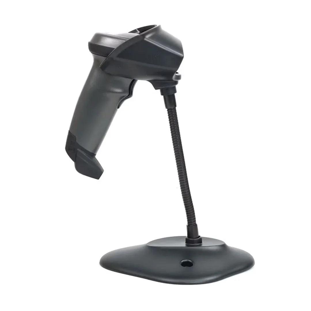 Lector de códigos de barras negro con base, ideal para puntos de venta y redes comerciales