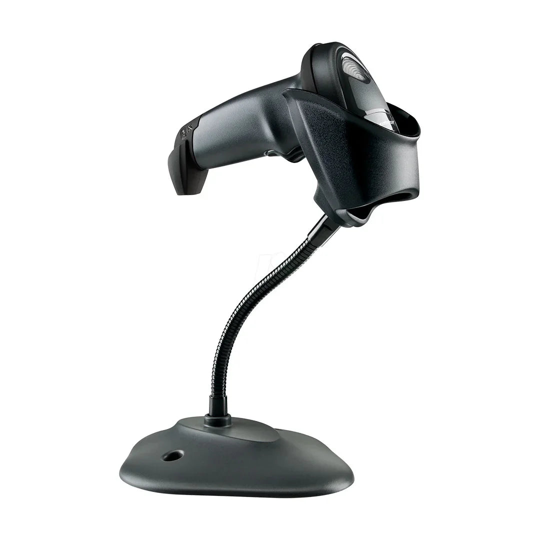 Lector de código de barras negro con base flexible para punto de venta o almacén