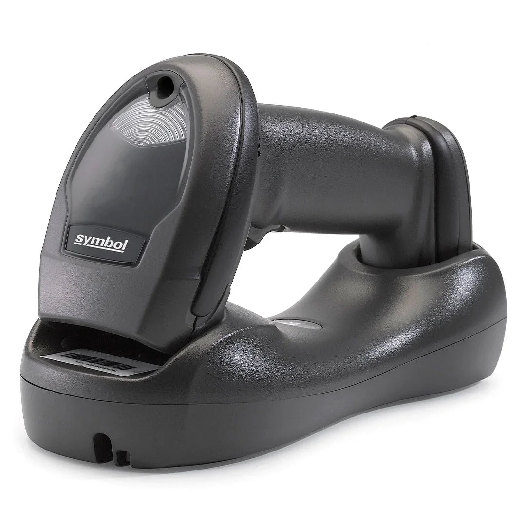 Lector de código de barras inalámbrico negro con base, ideal para redes y seguridad