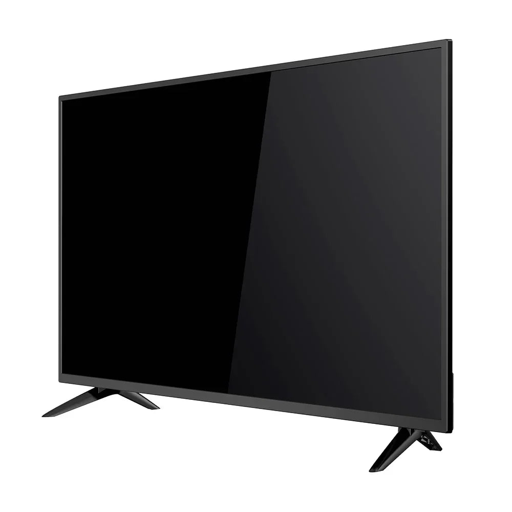 Pantalla plana LED de gran tamaño en ángulo, sobre fondo blanco, ideal para multimedia y videovigilancia.