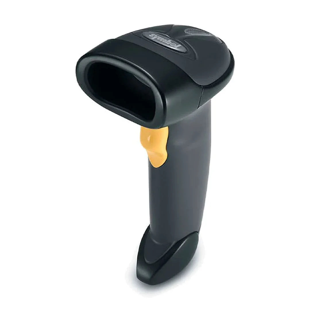 Lector de código de barras manual negro con botón amarillo para escanear productos